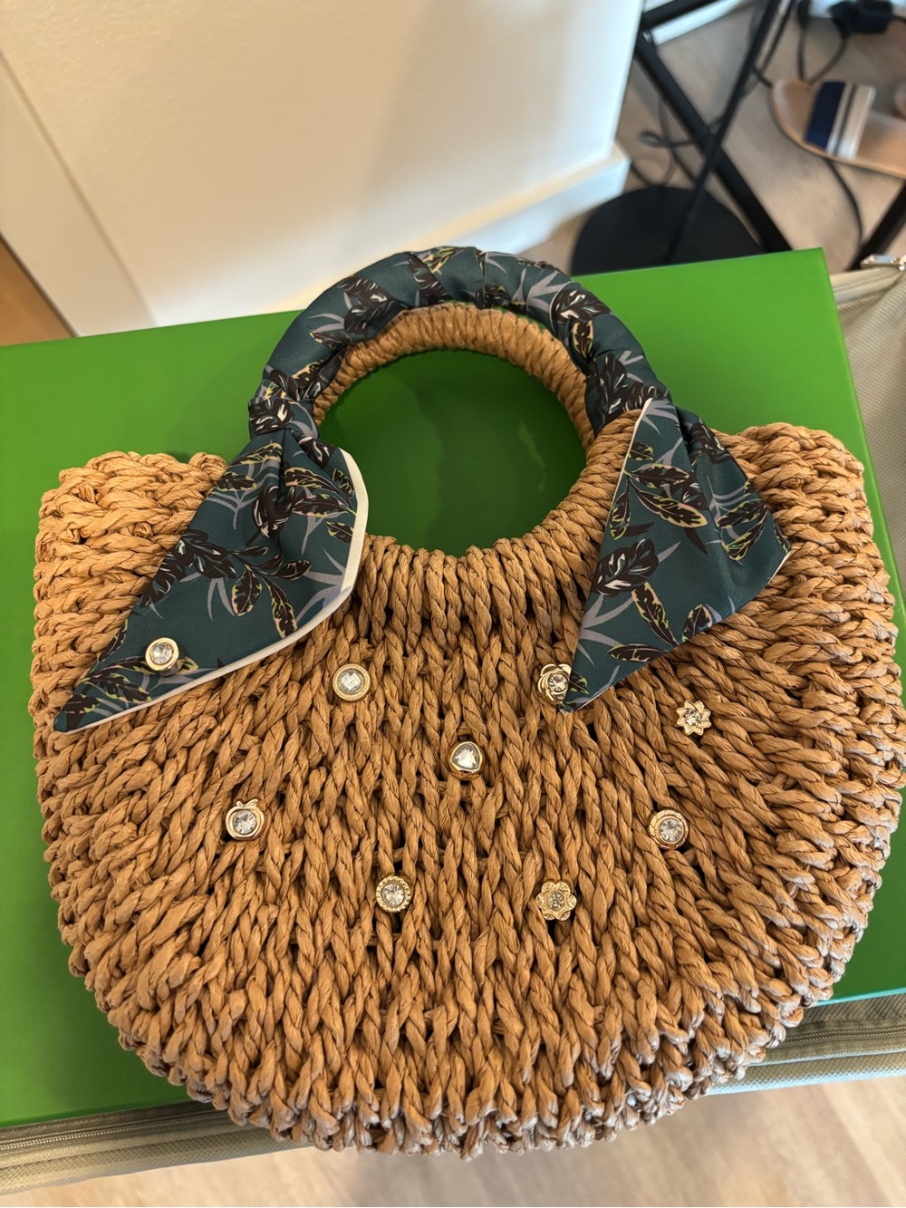 Small Woven Straw Circle Tote with Jewel Accents - Tan